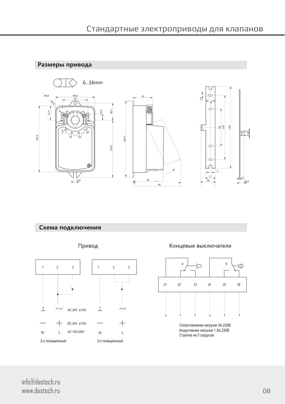 Размеры и схема подключения электропривода Dastech DA-04N24